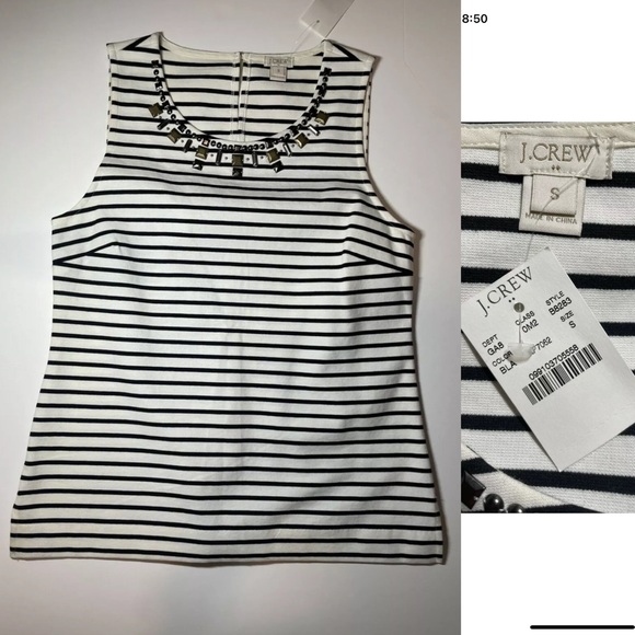 NWT J Crew Factory Women’s Sz S Shell Top W/ Rhinestone At Neck Blue White B8283 - Picture 2 of 11